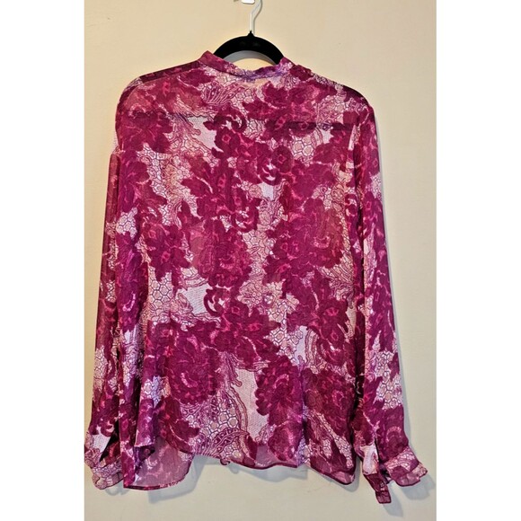 Sheer Blouse Women Size Large Burgundy Long Sleeve, floral,ruffles NY & co - Picture 2 of 5